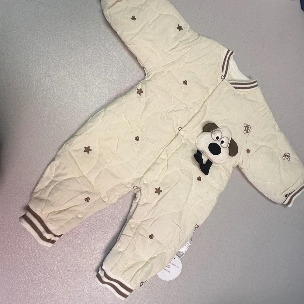 New Quilted Puppy Dog Romper‎ Cream Star Embroidered Snap Front Jumpsuit 73CM
